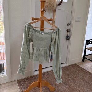 Light Green Smocked Peasant Top with Long Sleeve